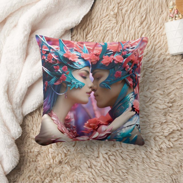 Enchanted Lovers in Floral Fantasy Realm Cushion (Blanket)