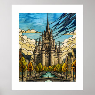 Enchanted Mediaeval Castle Stained Glass Canal Ill Poster
