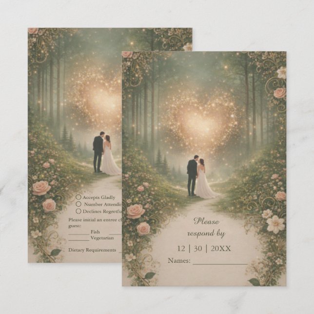 Enchanted Mediaeval Heart Forest Romantic Wedding RSVP Card (Front/Back)