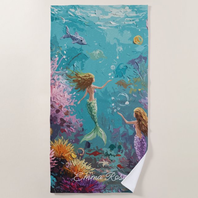 Enchanted Mermaid Underwater Scene Beach Towel (Front)