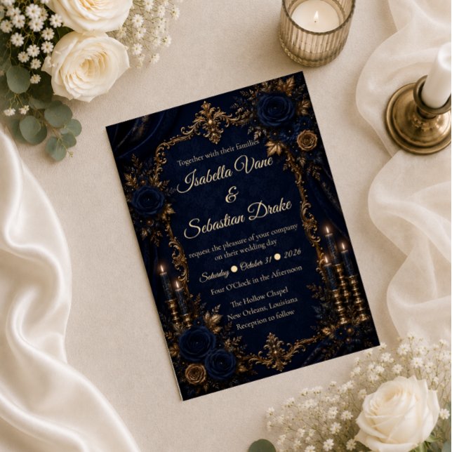 Enchanted Midnight Blue Autumn Wedding Invitation (Creator Uploaded)