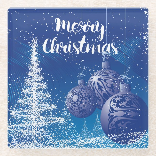 Enchanted Midnight Blue & White Merry Christmas Glass Coaster (Front)