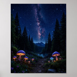 Enchanted Midnight Forest: Glowing Mushrooms Poster