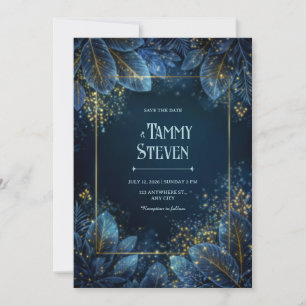 Enchanted Midnight Gold Leaf Forest Wedding Invitation