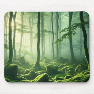 Enchanted Misty Forest Serene Green Woodland Scene Mouse Pad