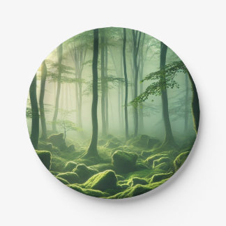 Enchanted Misty Forest Serene Green Woodland Scene Paper Plate