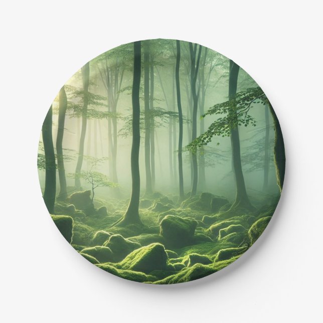 Enchanted Misty Forest Serene Green Woodland Scene Paper Plate (Front)
