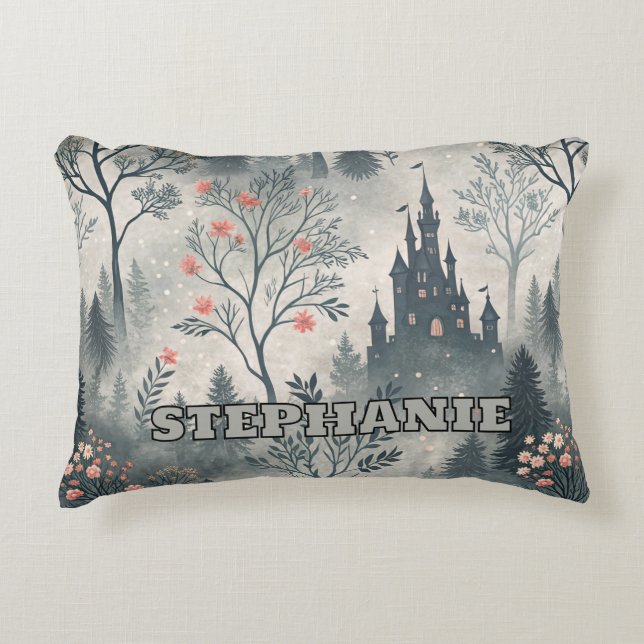 Enchanted Misty Forest with Dark Castle – Ethereal Decorative Cushion (Front)
