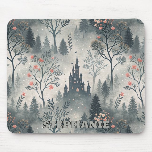 Enchanted Misty Forest with Dark Castle – Ethereal Mouse Pad (Front)