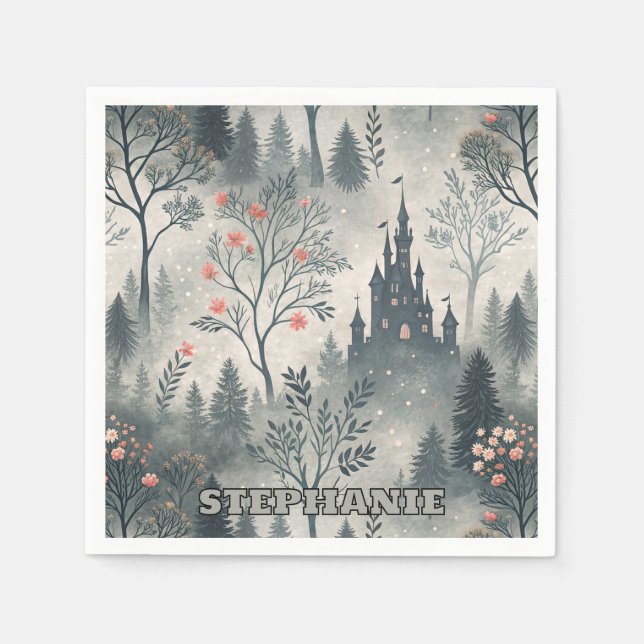 Enchanted Misty Forest with Dark Castle – Ethereal Napkin (Front)