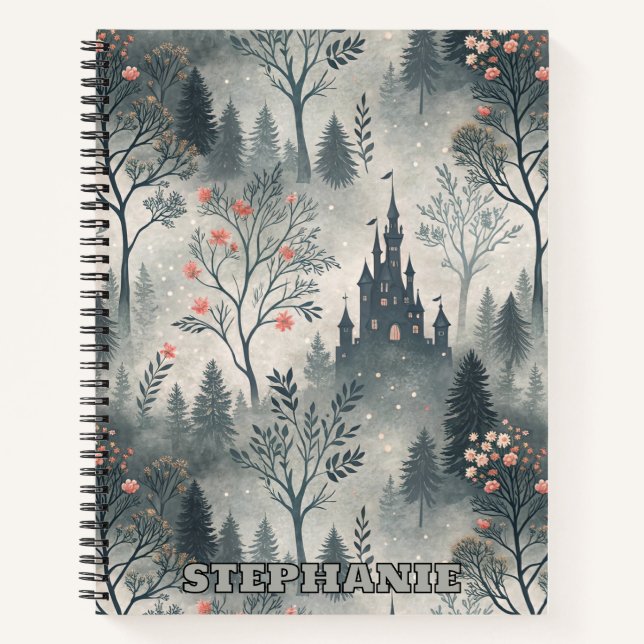 Enchanted Misty Forest with Dark Castle – Ethereal Notebook (Front)