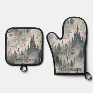 Enchanted Misty Forest with Dark Castle – Ethereal Oven Mitt & Pot Holder Set
