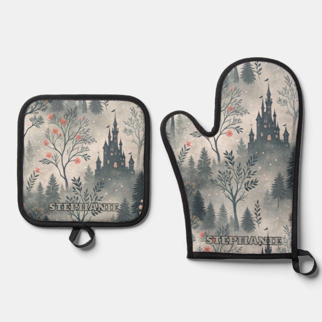 Enchanted Misty Forest with Dark Castle – Ethereal Oven Mitt & Pot Holder Set (Front)