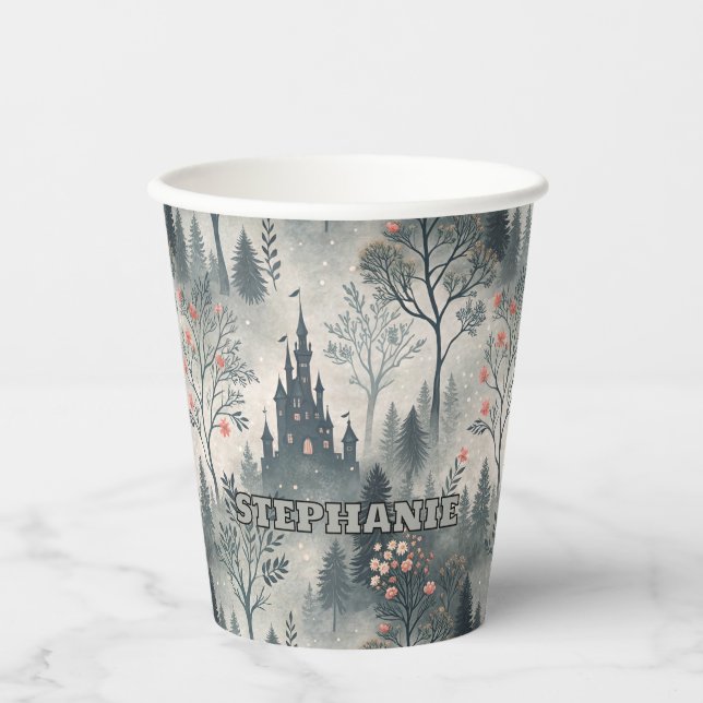 Enchanted Misty Forest with Dark Castle – Ethereal Paper Cups (Front)