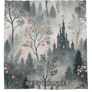 Enchanted Misty Forest with Dark Castle – Ethereal Shower Curtain