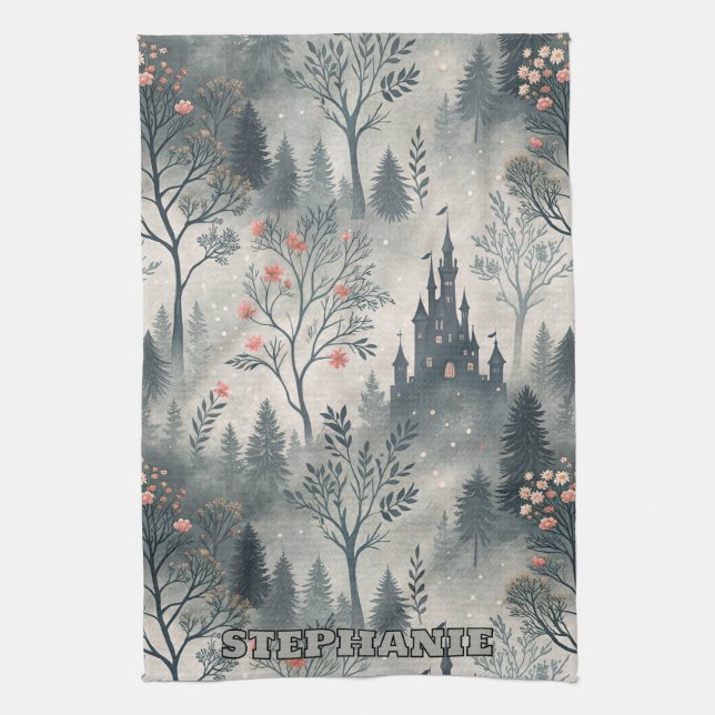 Enchanted Misty Forest with Dark Castle – Ethereal Tea Towel (Vertical)