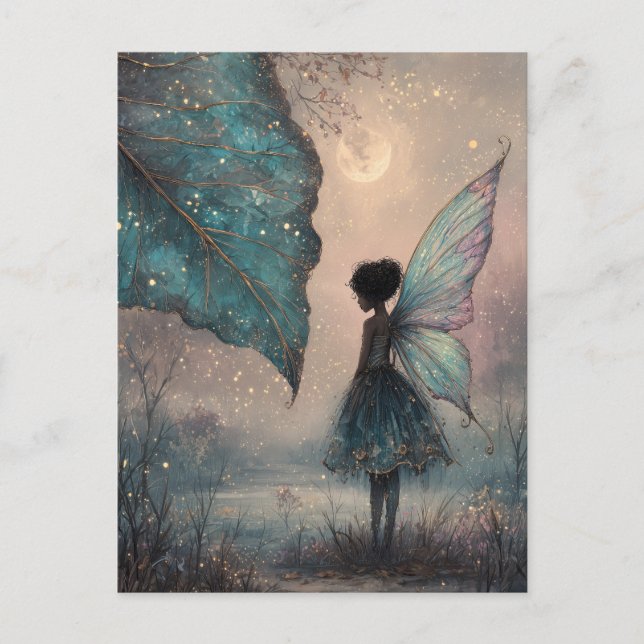 Enchanted Moonlit Leaf Fairy Watercolor Fantasy Postcard (Front)
