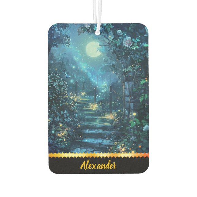 Enchanted moonlit pathway through blooming flowers car air freshener (Back)