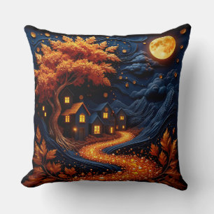 Enchanted Moonlit Village with Autumn Leaves Cushion