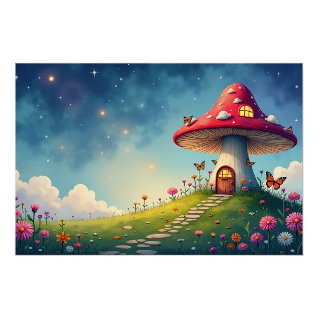 Enchanted Mushroom Cottage in a Dreamy Meadow Poster (Front)