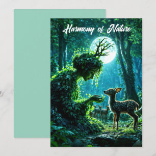 Enchanted nature guardian feeding a baby fawn invitation