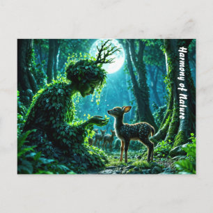 Enchanted nature guardian feeding a baby fawn postcard