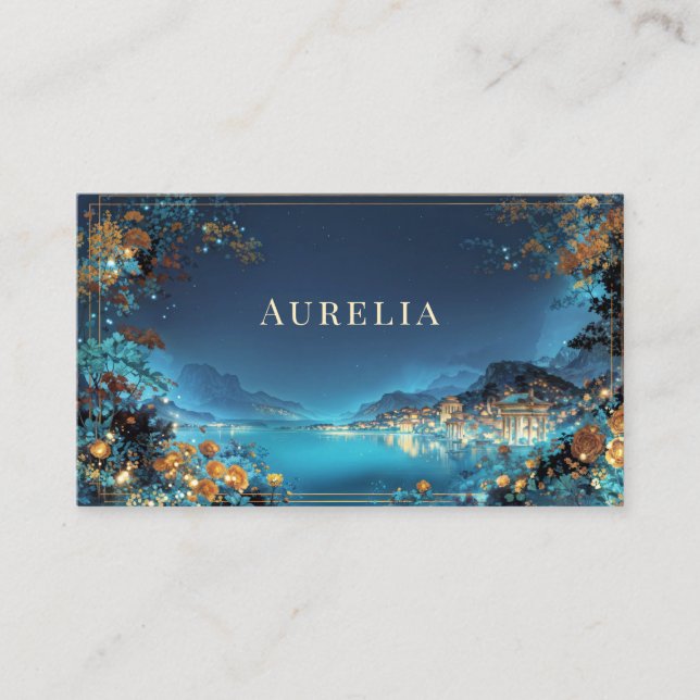 Enchanted Night Floral Cityscape Lake Gold Frame Business Card (Front)