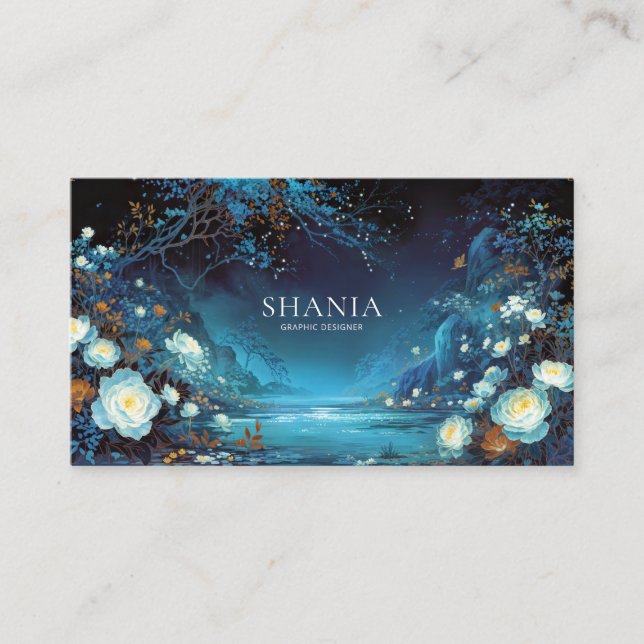 Enchanted Night Floral White Rose and Teal Lake Business Card (Front)