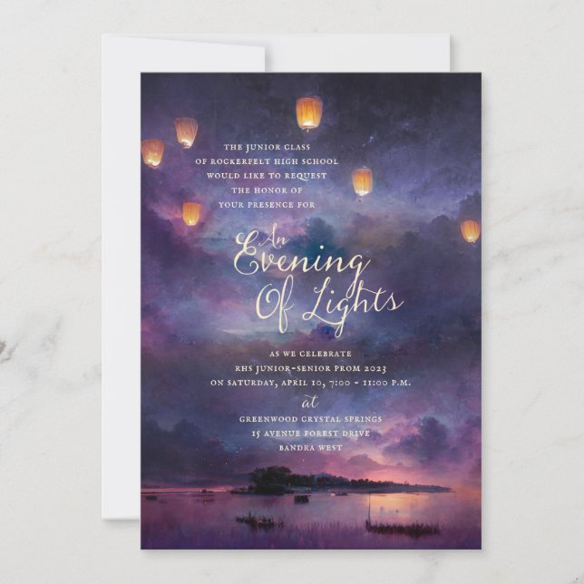 Enchanted Night Flying Lanterns Lake Beach Prom In Invitation (Front)