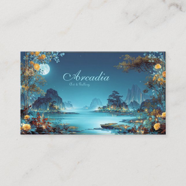 Enchanted Night Landscape Gold Floral Moon Lake Business Card (Front)