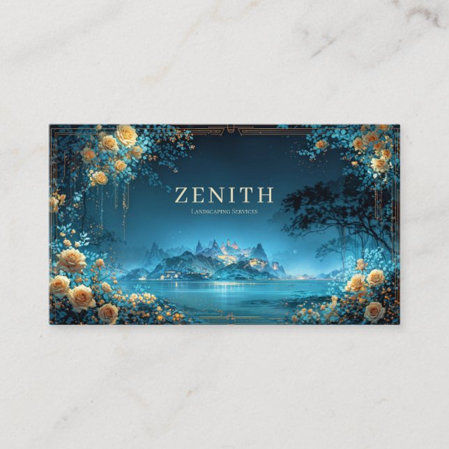 Enchanted Night Landscape Gold Rose Floral Palace Business Card (Front)
