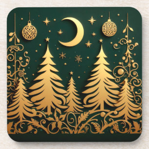 Enchanted Night – Moonlit Christmas Tree Pattern Coaster