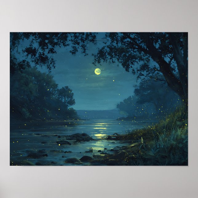 Enchanted Night River & Fireflies Landscape  Poster (Front)