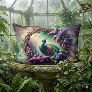 Enchanted Peacock Floral Wreath Lumbar Cushion