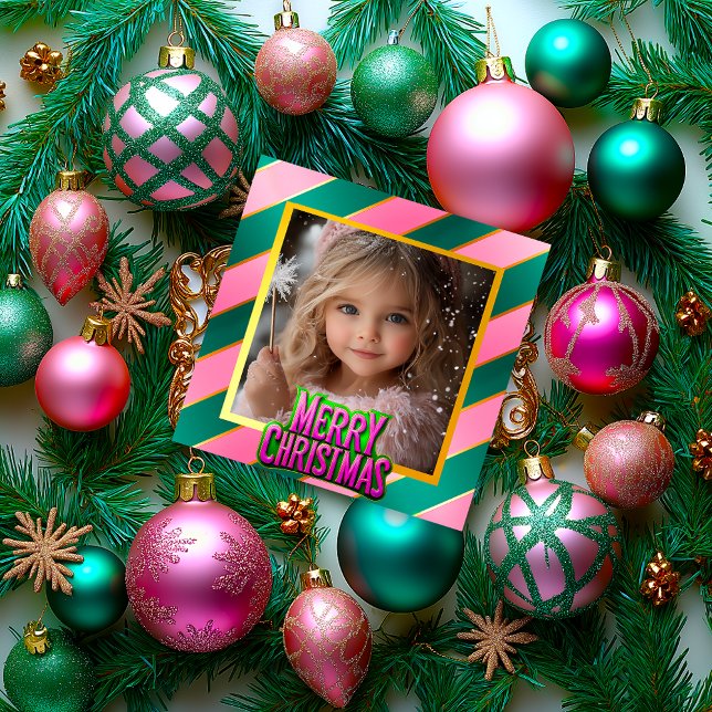 Enchanted Pink and Green Winter Wonderland Photo Holiday Card (Cute Pink and Green Merry Christmas Holiday Photo Card)
