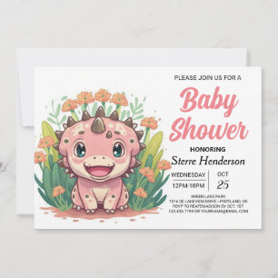 Enchanted Pink Dinosaur Girl Baby Shower Invitation