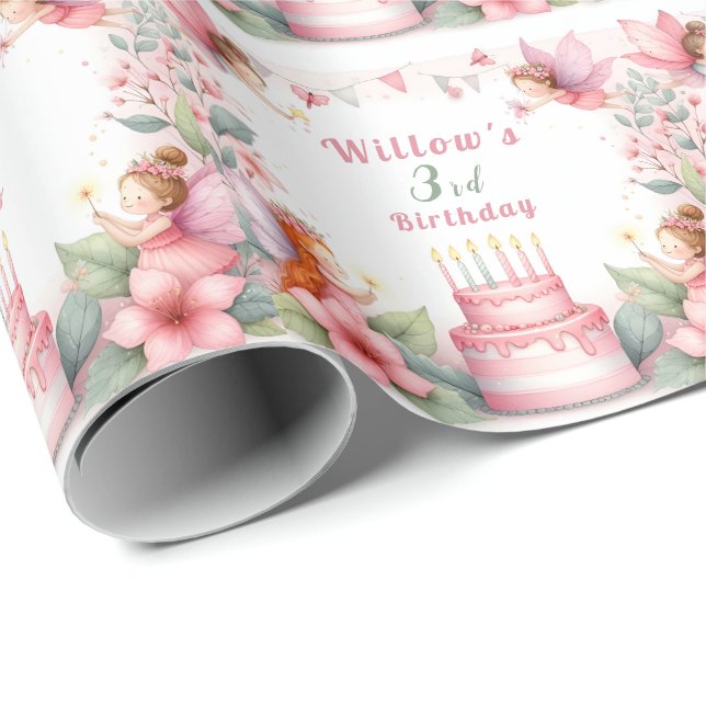 Enchanted Pink Fairy garden - Birthday  Wrapping Paper (Roll Corner)