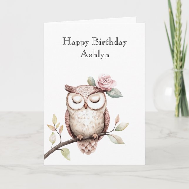 Enchanted Pink Flower Owl Birthday Card (Front)