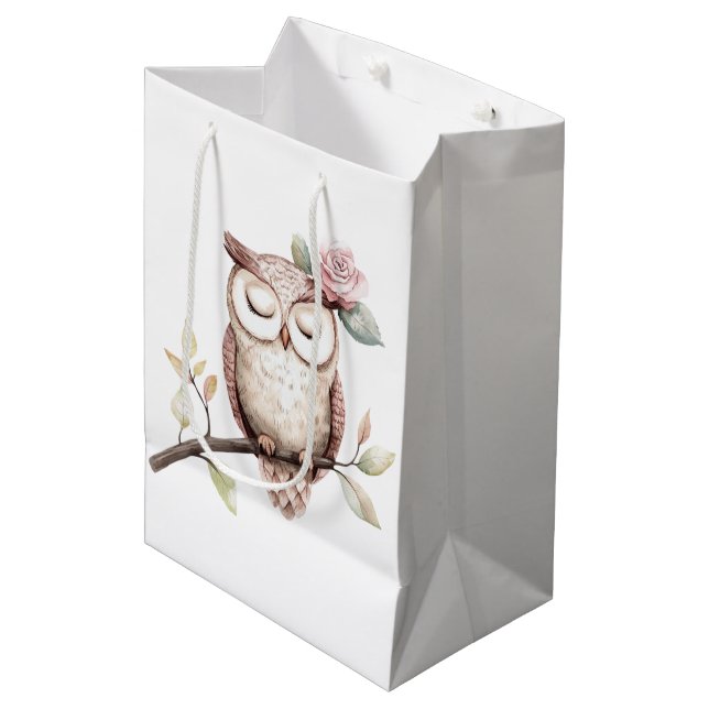 Enchanted Pink Flower Owl Birthday Medium Gift Bag (Front Angled)