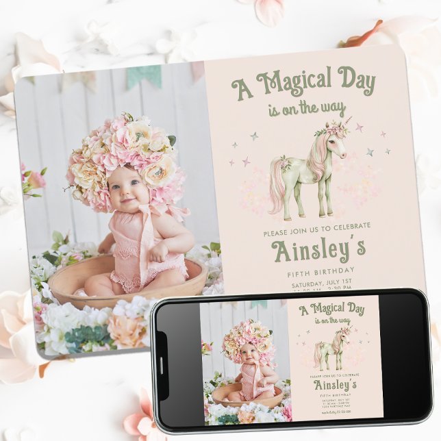 Enchanted Pink Unicorn Personalised Photo Birthday Invitation (Creator Uploaded)