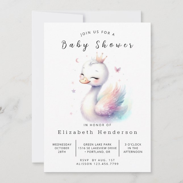 Enchanted Printable Swan Baby Shower Invitation (Front)