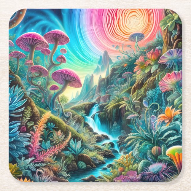 Enchanted Psychedelic Dreamscape Square Paper Coaster (Front)