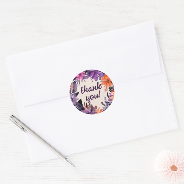 Enchanted Purple + Orange Floral Halloween Wedding Classic Round Sticker (Envelope)