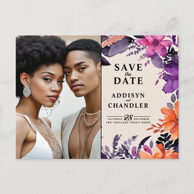 Enchanted Purple + Orange Floral Halloween Wedding Holiday Postcard (Front)