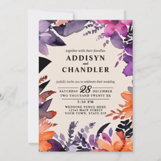 Enchanted Purple + Orange Floral Halloween Wedding Invitation