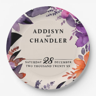 Enchanted Purple + Orange Floral Halloween Wedding Paper Plate