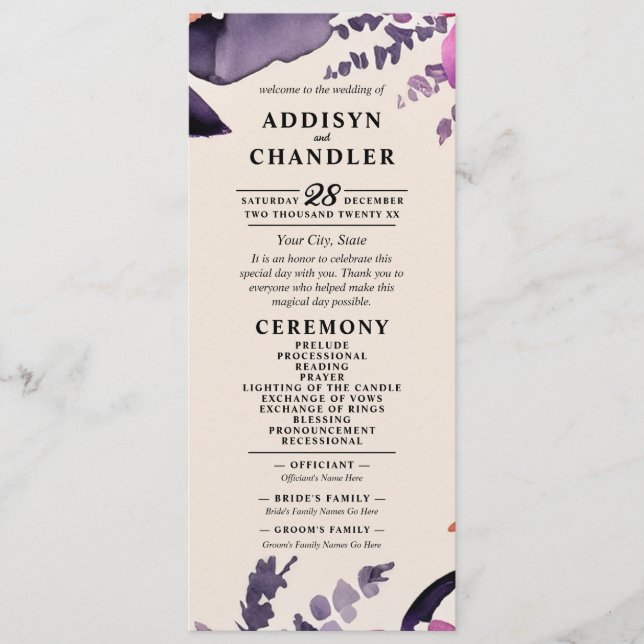 Enchanted Purple + Orange Floral Halloween Wedding Programme (Front)