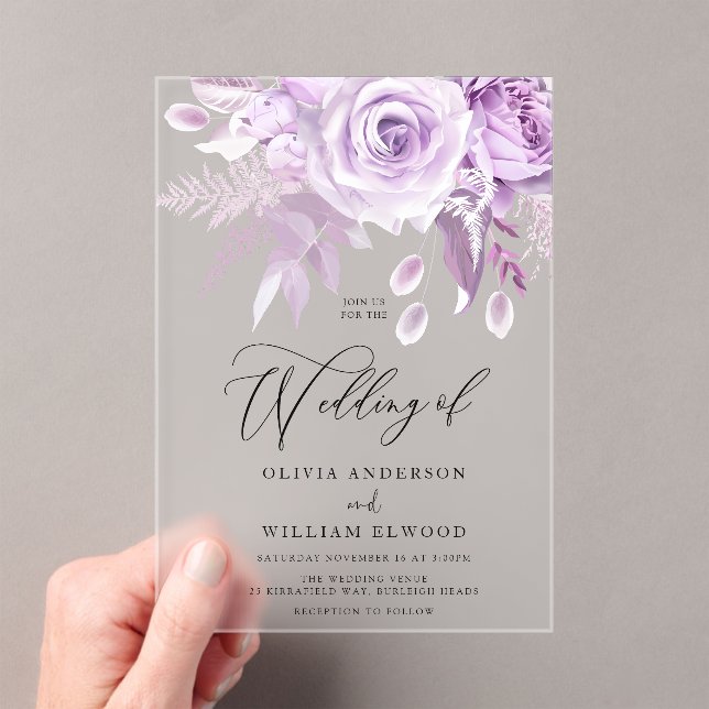 Enchanted Purple Roses Modern Wedding Acrylic Invitations (Insitu (Handheld))