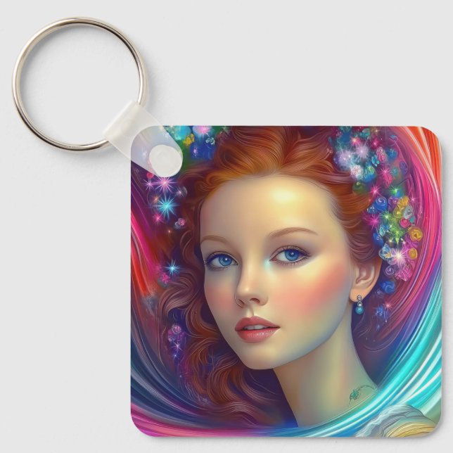 Enchanted Rainbow Hair Portrait Key Ring (Front)