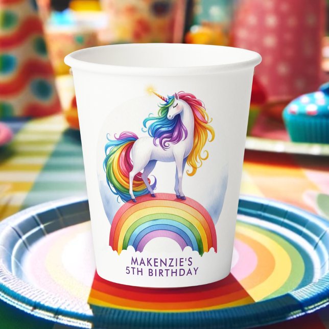Enchanted Rainbow Unicorn Birthday Paper Cups (Magical Rainbow Unicorn Party Cup on a Colorful party plate.)